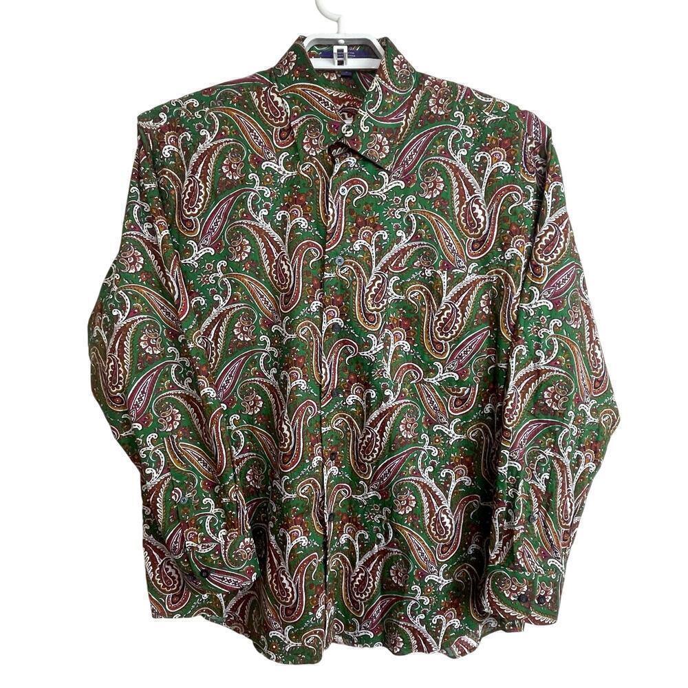 Alan Flusser Men's Sz L Green Red Brown Paisley Button Down Long Sleeve Shirt